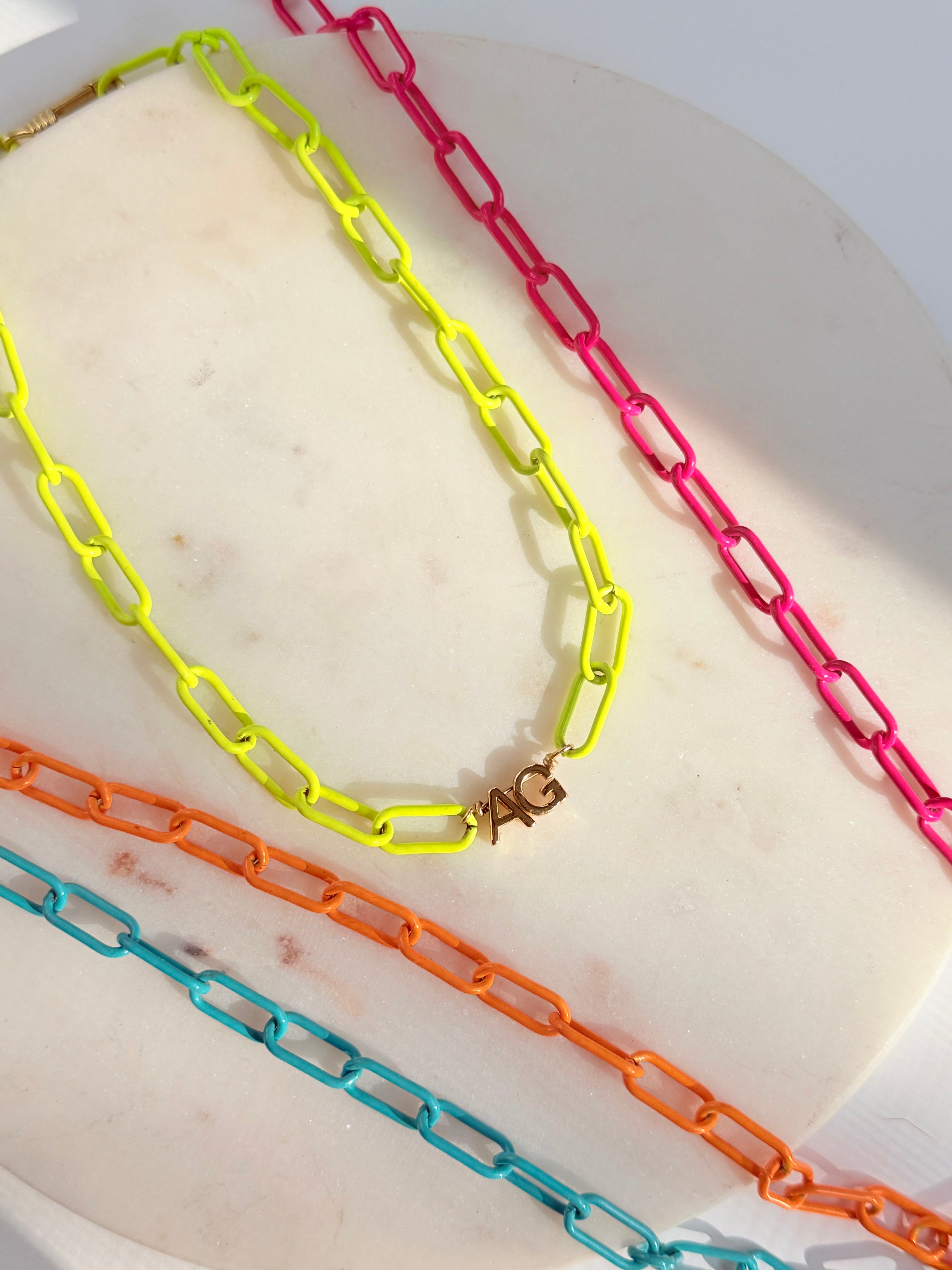 Neon enamel chain necklace with gold initials