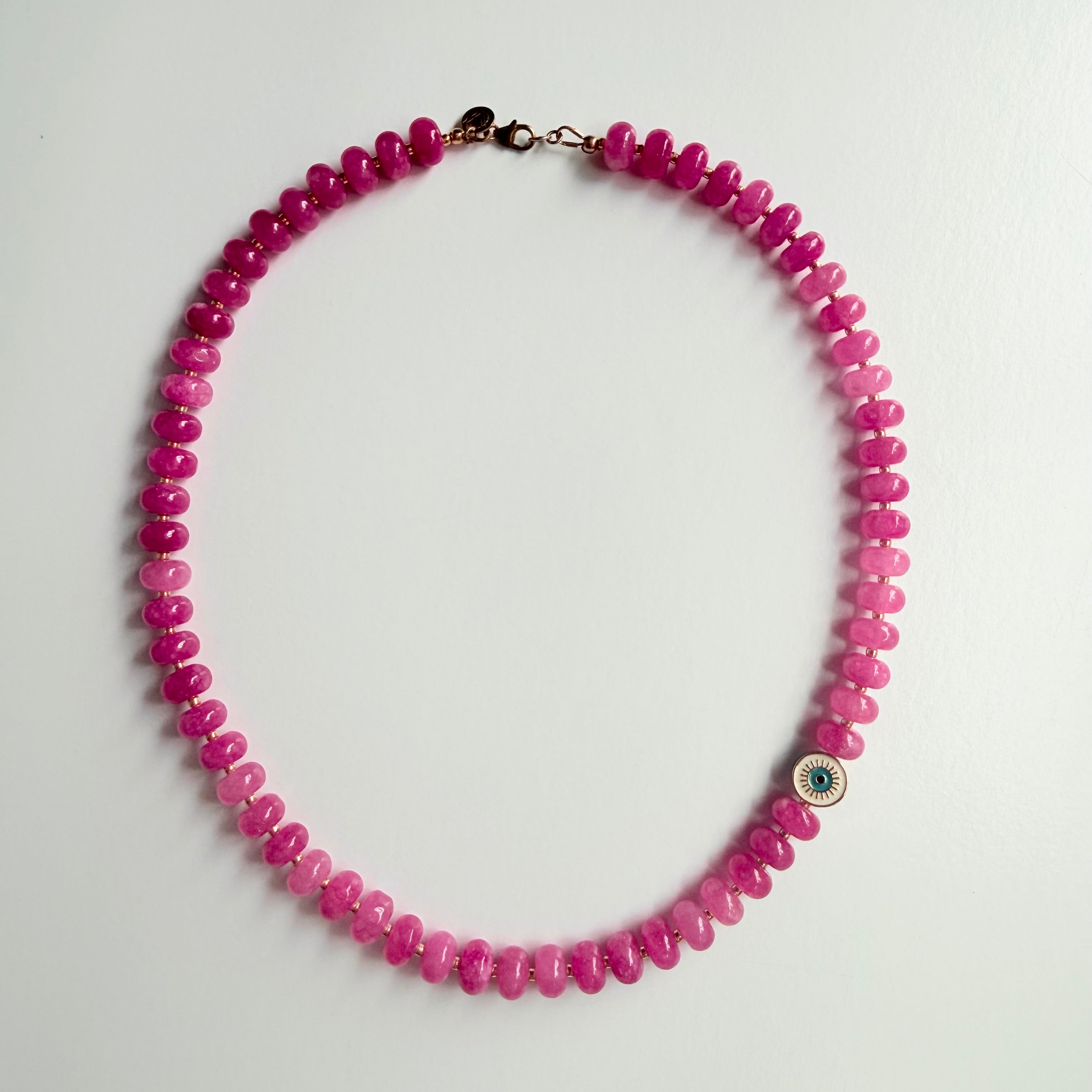 Pink Quartz Beaded Evil Eye Necklace