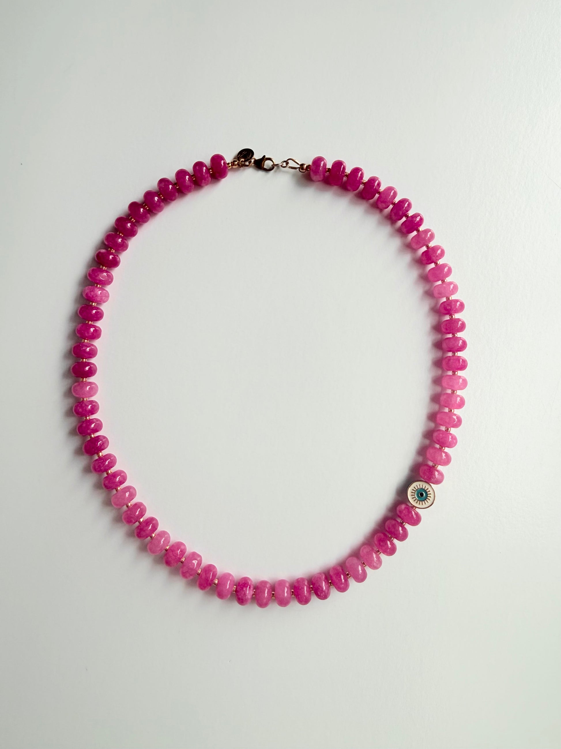 Pink Quartz Beaded Evil Eye Necklace