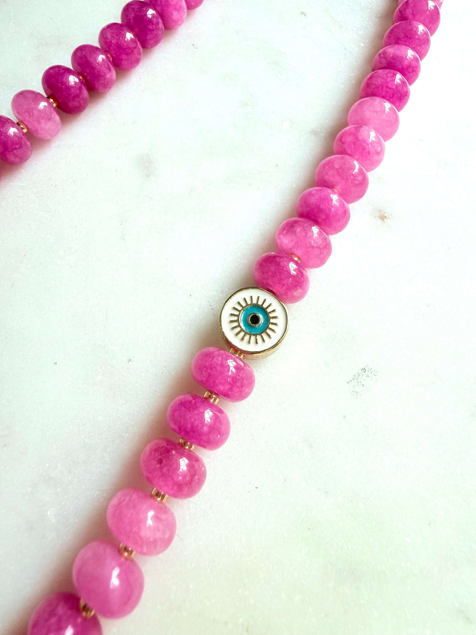 Pink Quartz Beaded Evil Eye Necklace