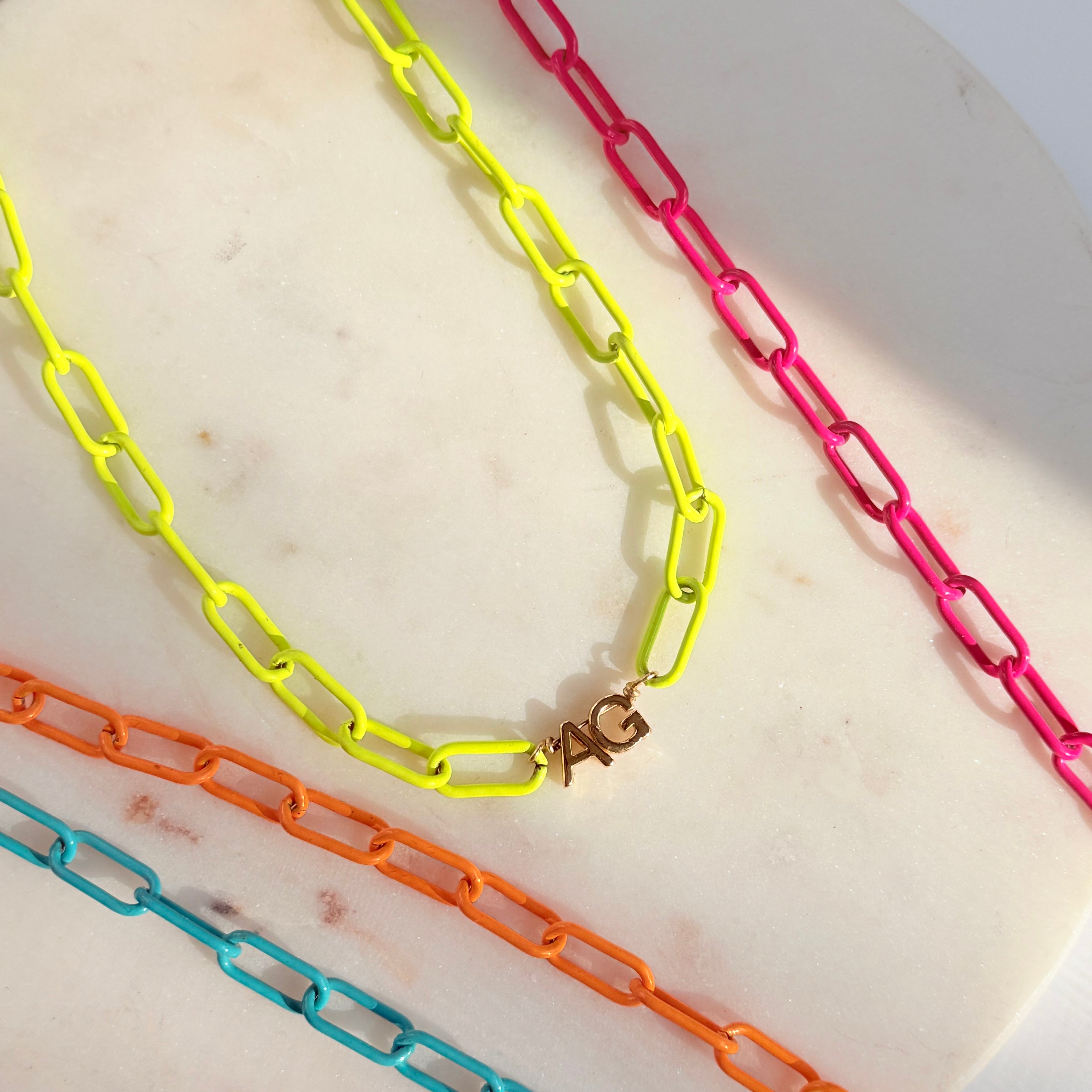 Neon enamel chain necklace with gold initials 