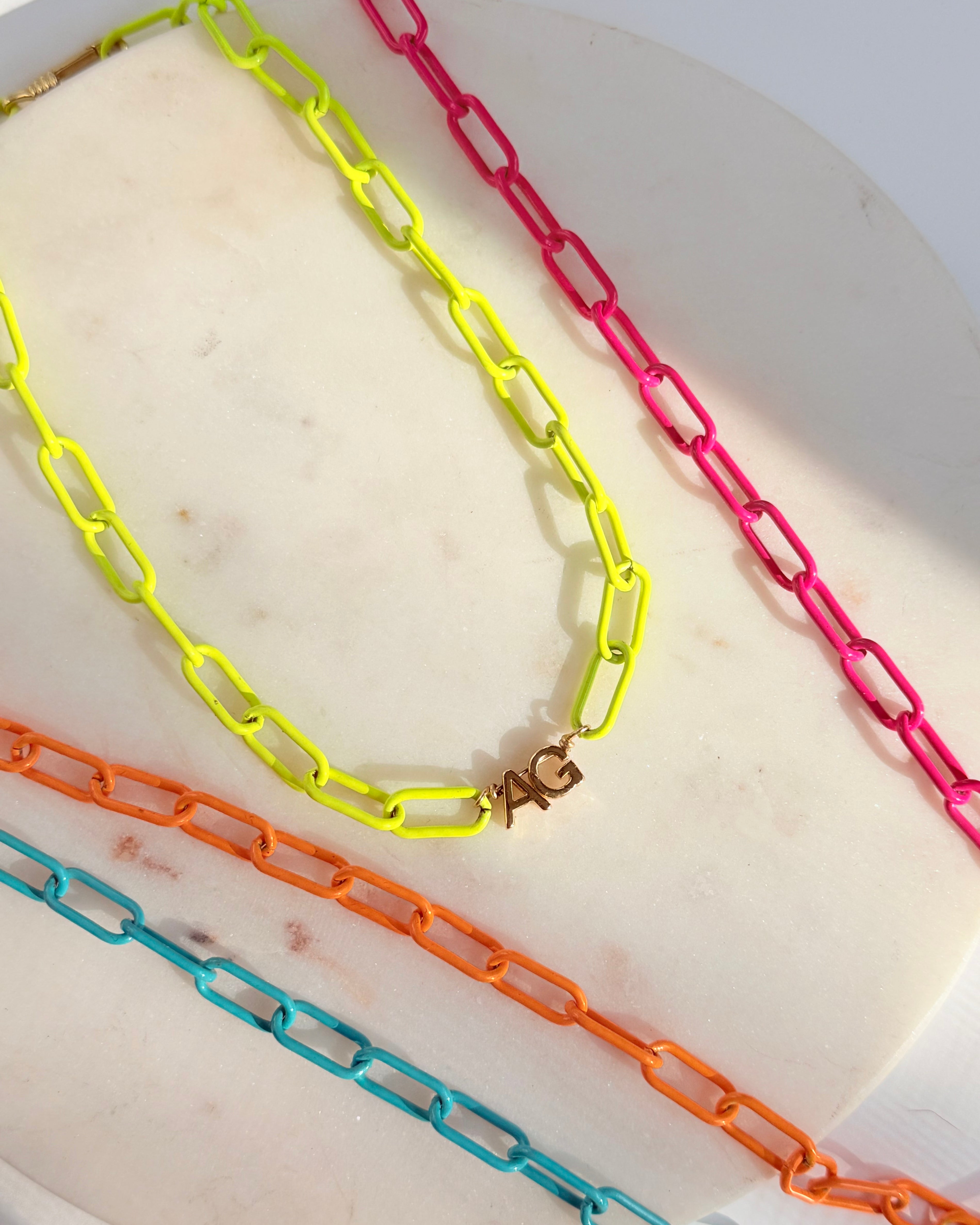Neon enamel chain necklace with gold initials 
