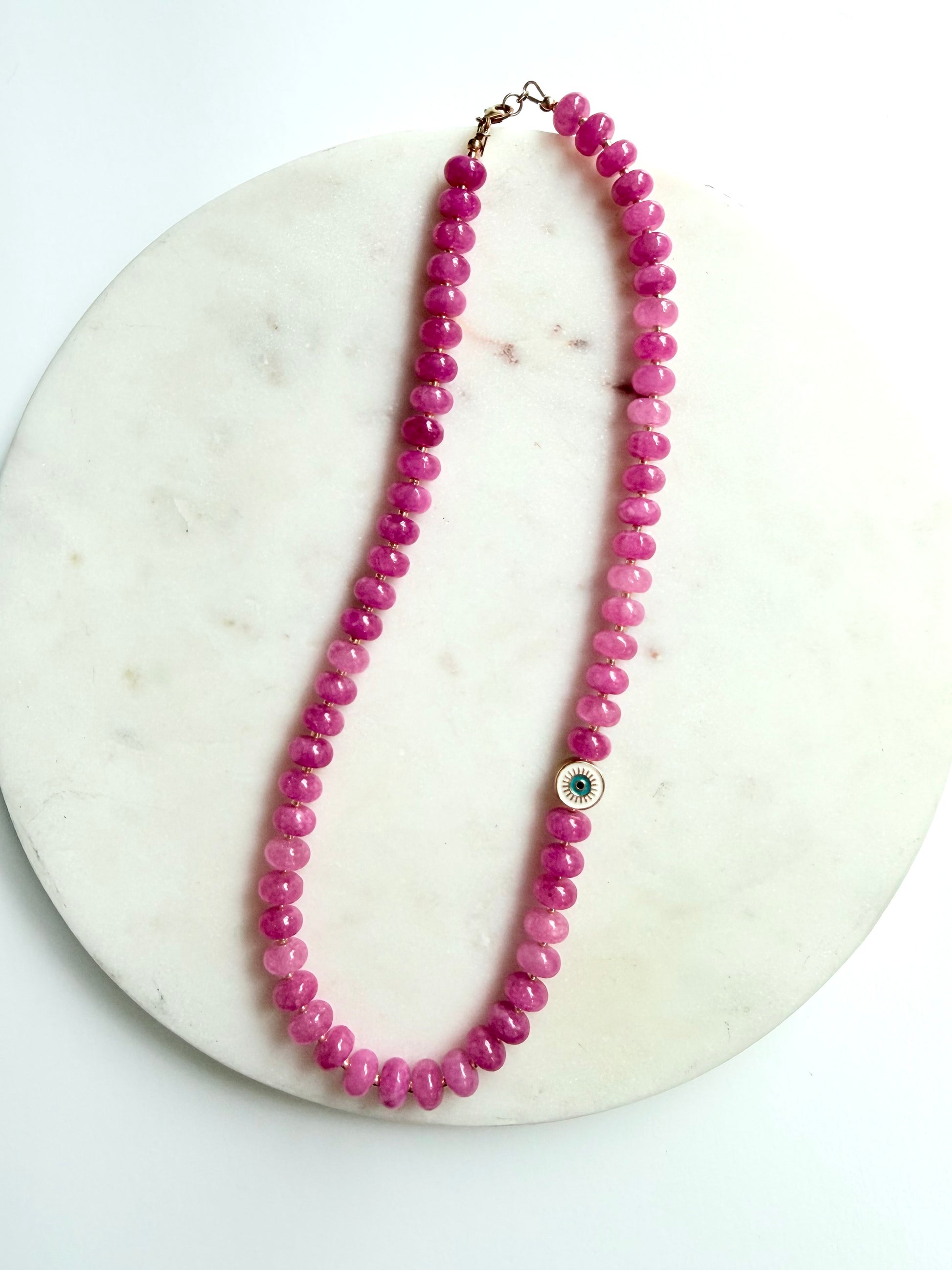 Pink Quartz Beaded Evil Eye Necklace