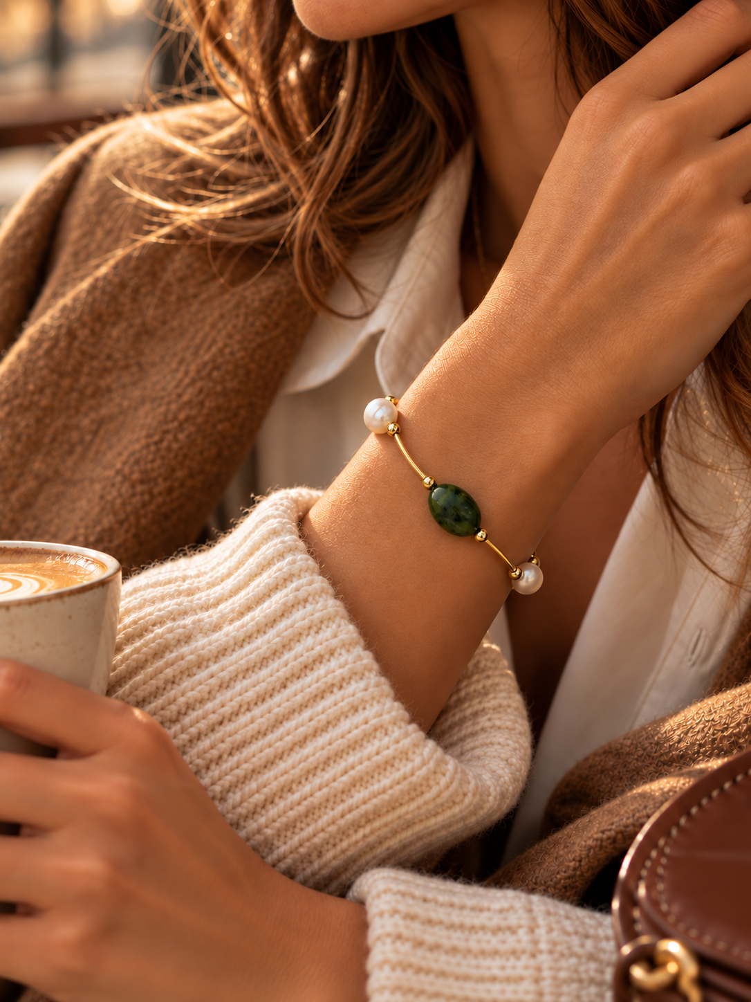Girl in cafe wearing a cream sweater, tan jacket, brown hair and the olivine jade and pearl bracelet
