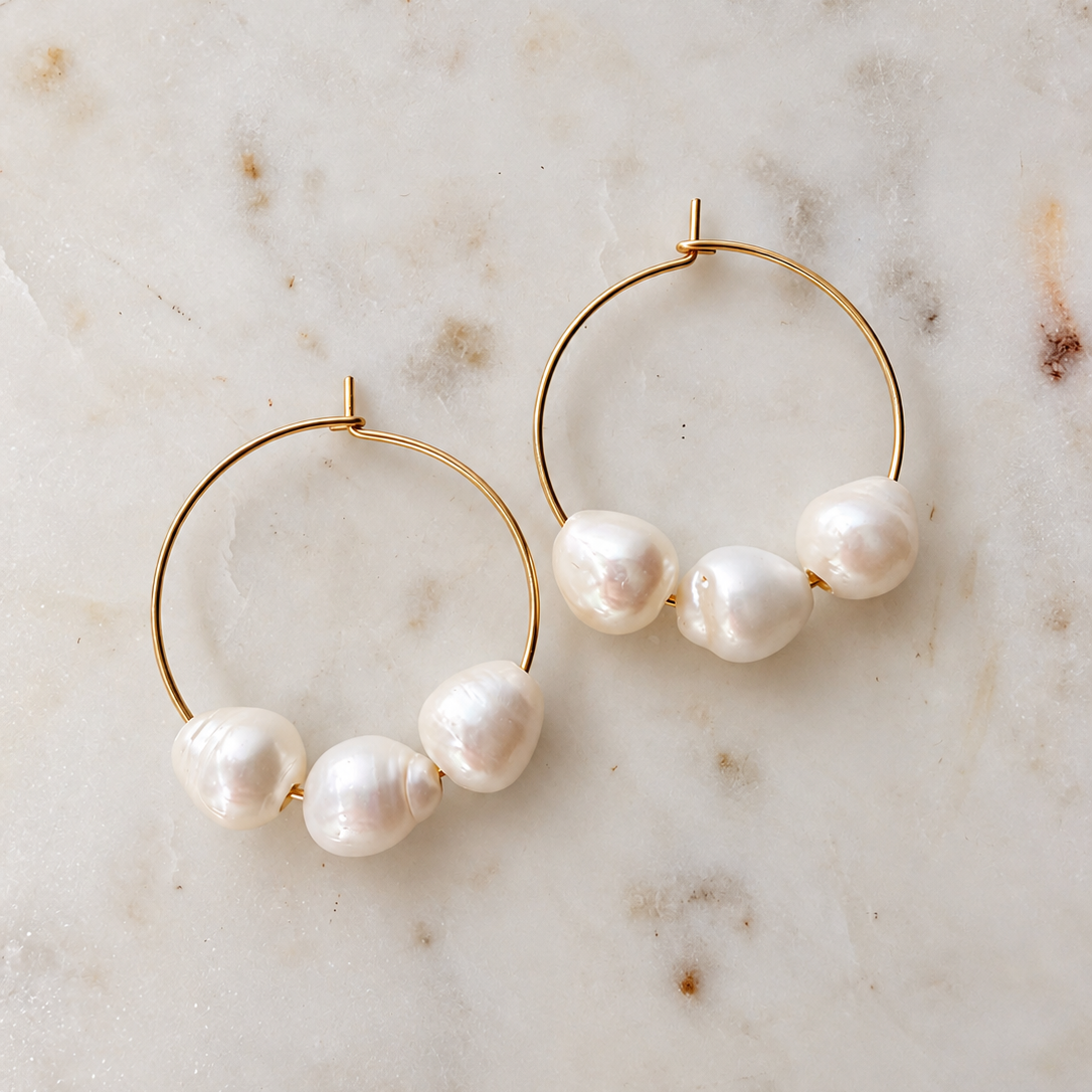 Triple freshwater pearl 14k gold-filled hoop earrings
