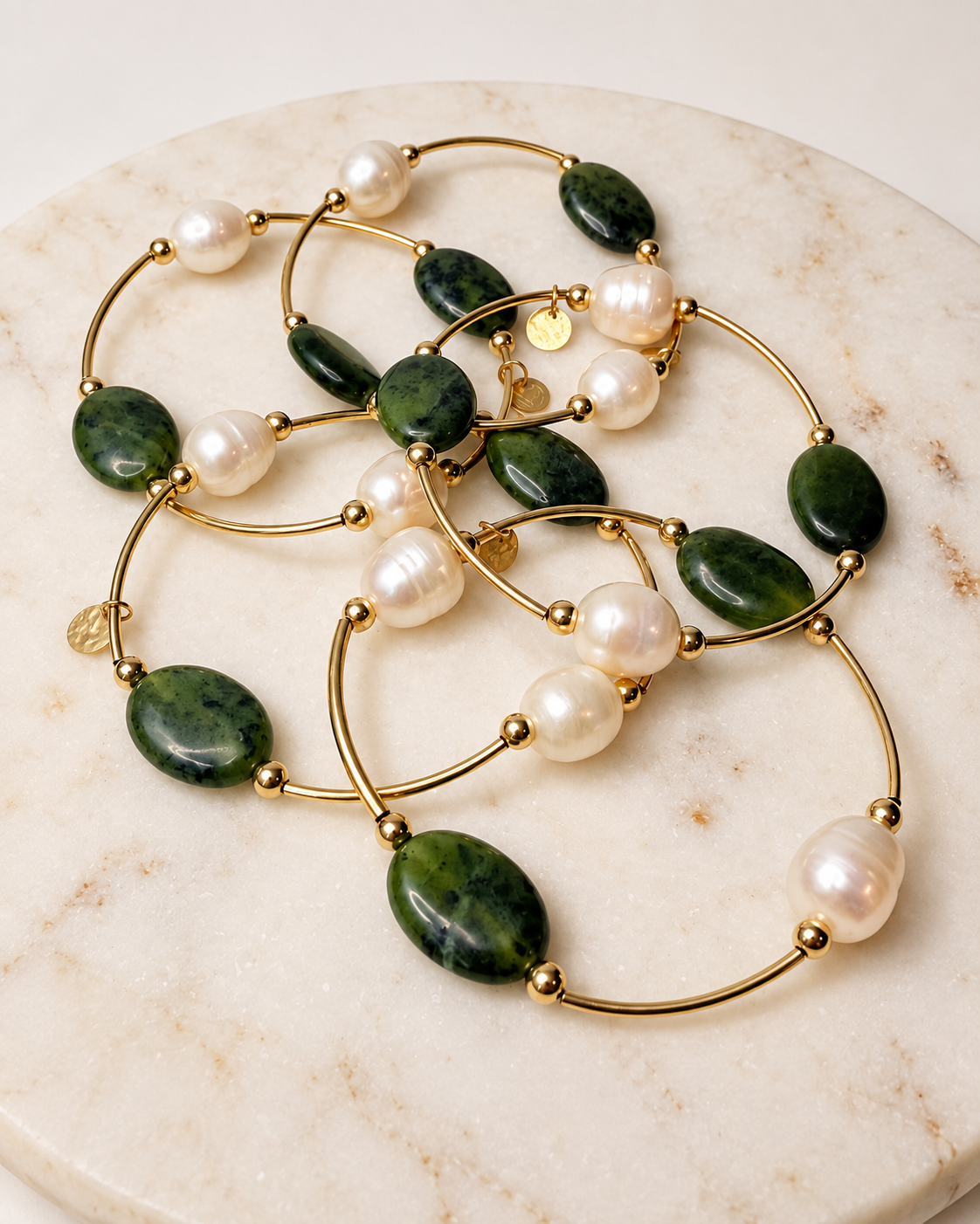 Multiple Canadian green jade and freshwater pearl gold-filled bracelets by Gypsy & Gem