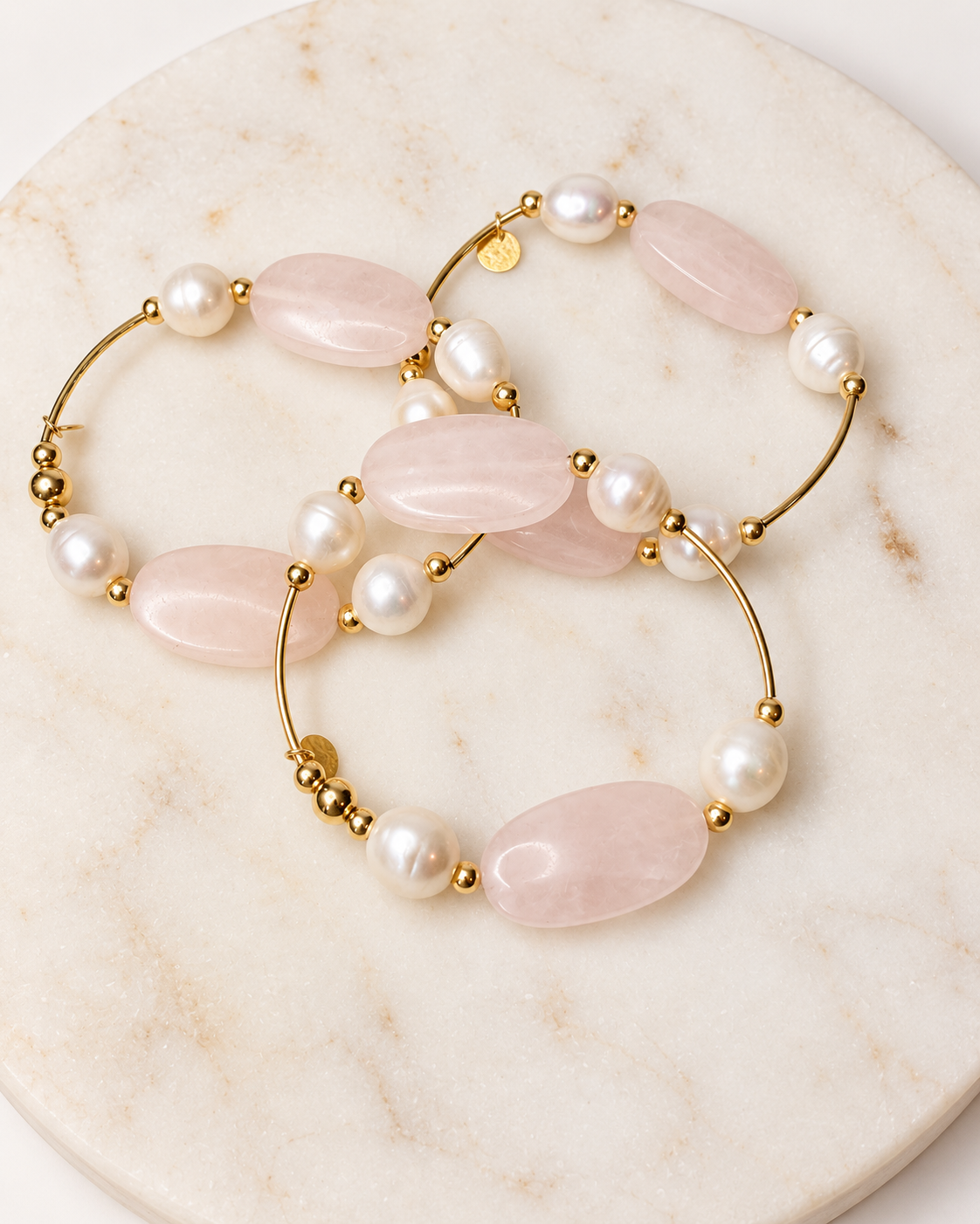 Multiple Rose quartz and freshwater pearl 14k gold-filled roll-on bracelets