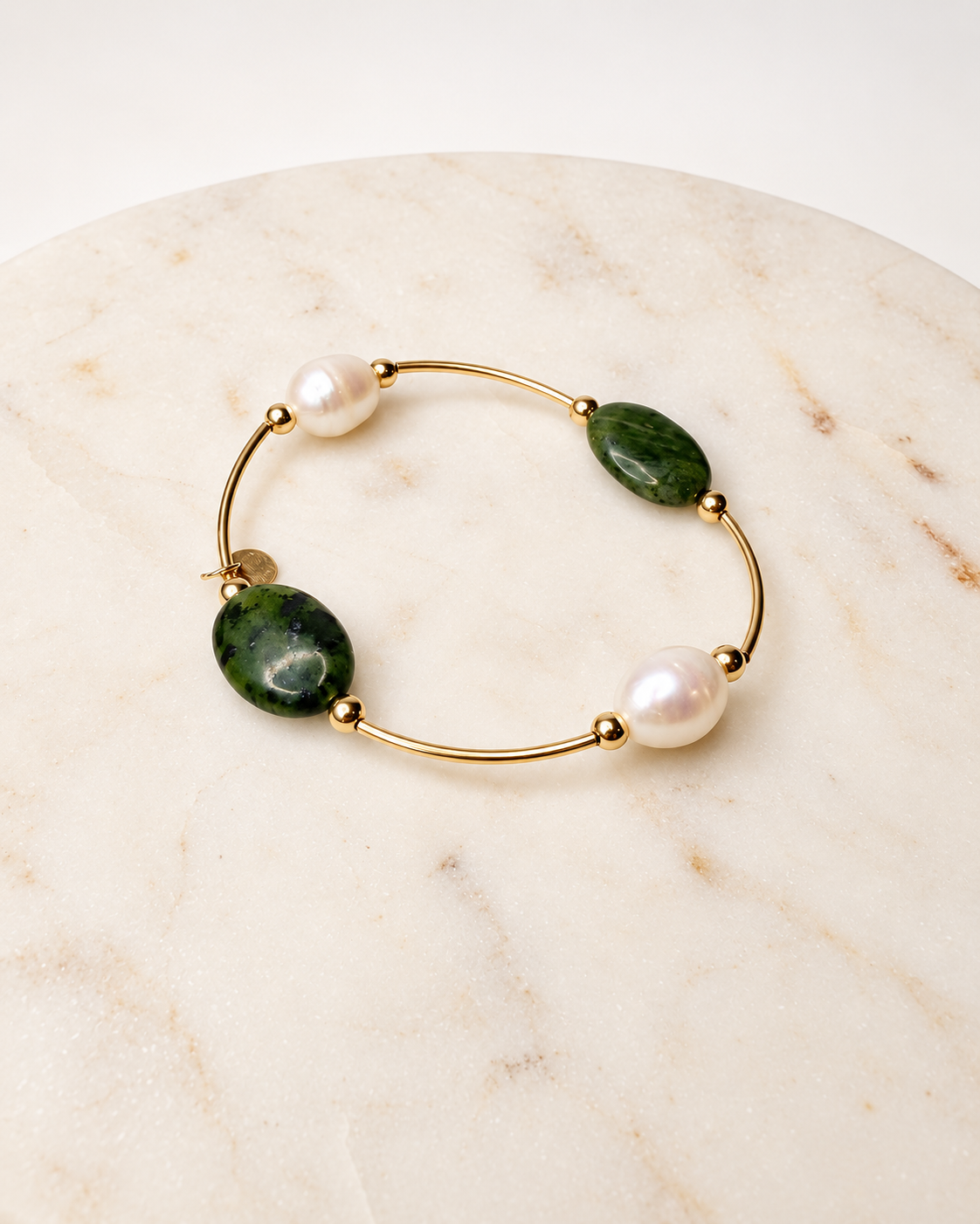 Canadian green jade and freshwater pearl gold-filled bracelet by Gypsy & Gem