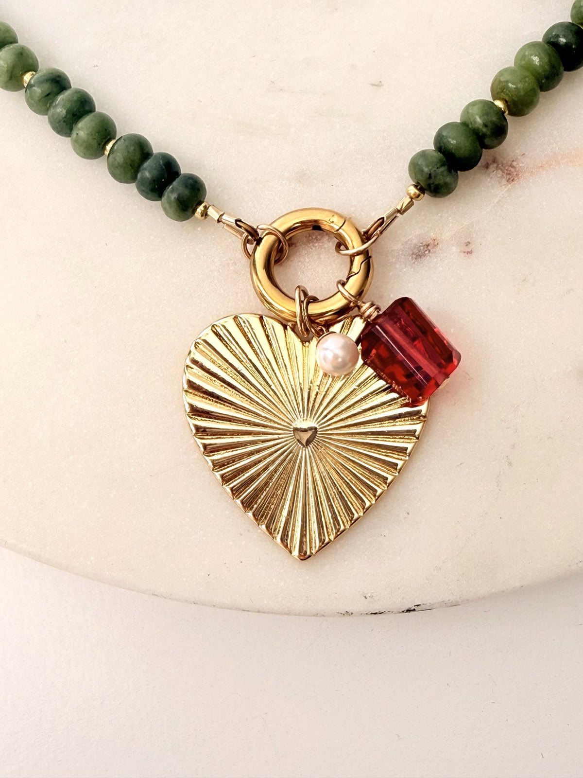 Olivine Jade Gemstone Necklace with Interchangeable Heart Charms