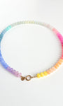 Multicolored beaded necklace on a white background