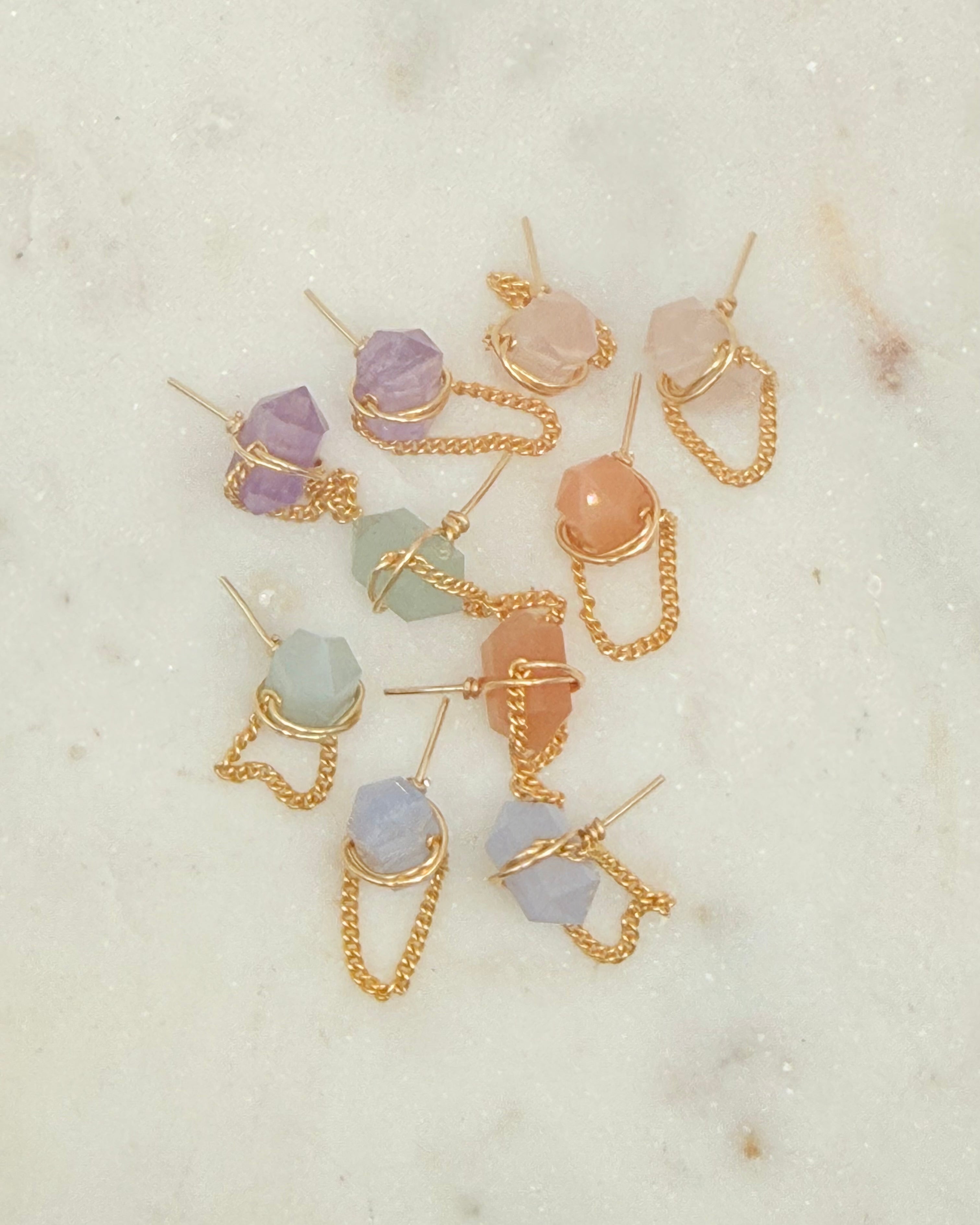 Gold Wire Wrapped Gemstone Stud Earrings