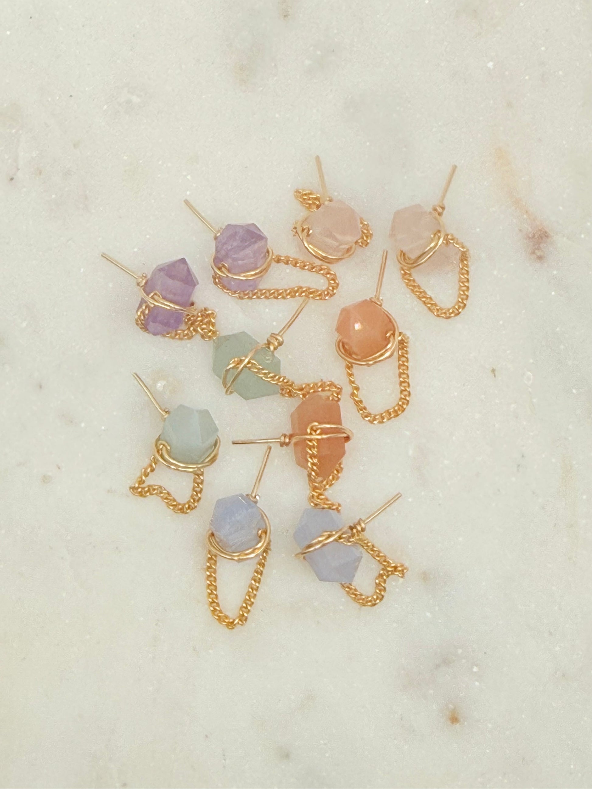 Gold Wire Wrapped Gemstone Stud Earrings