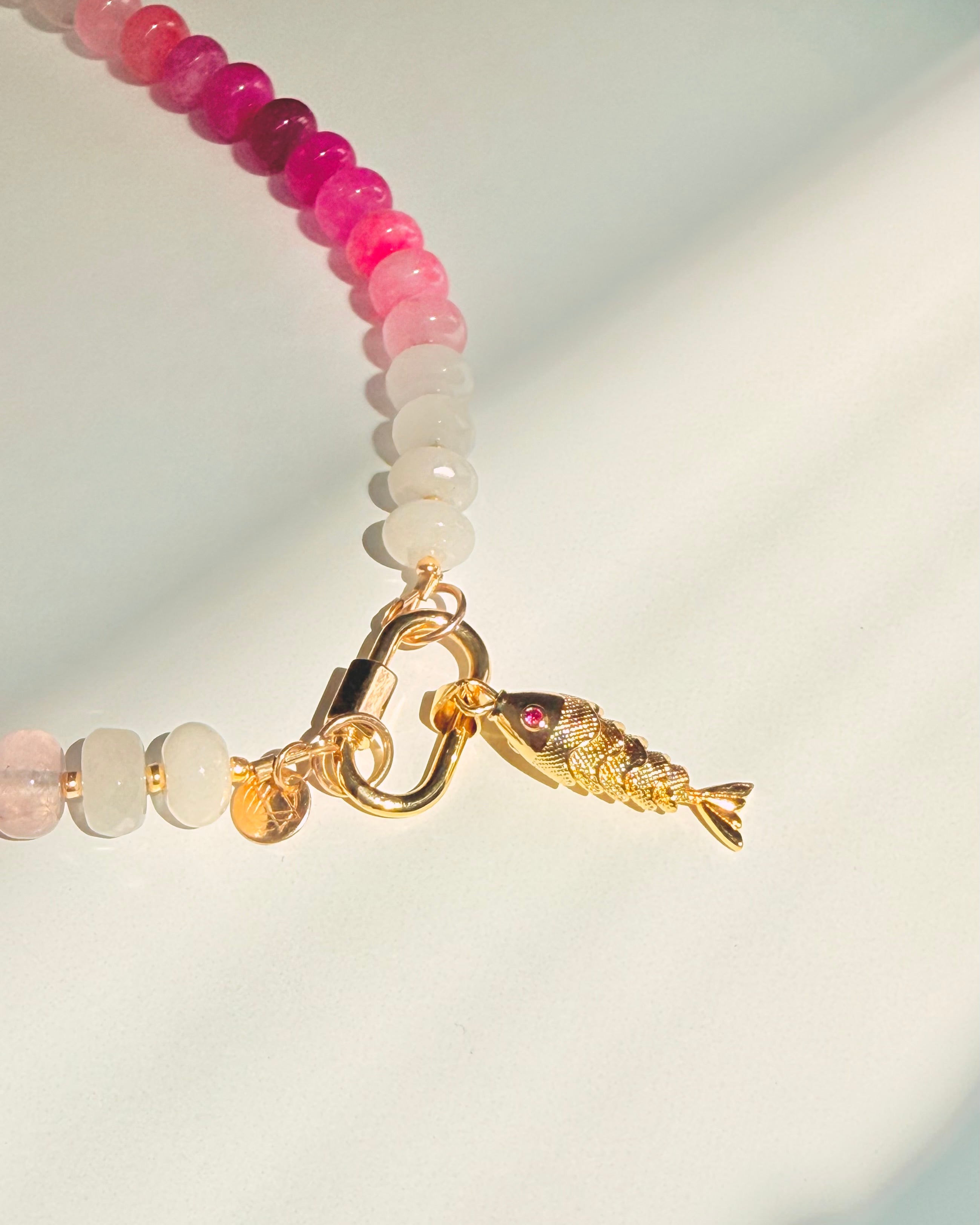 Pink & Green Stone Bead Fish Charm Necklace