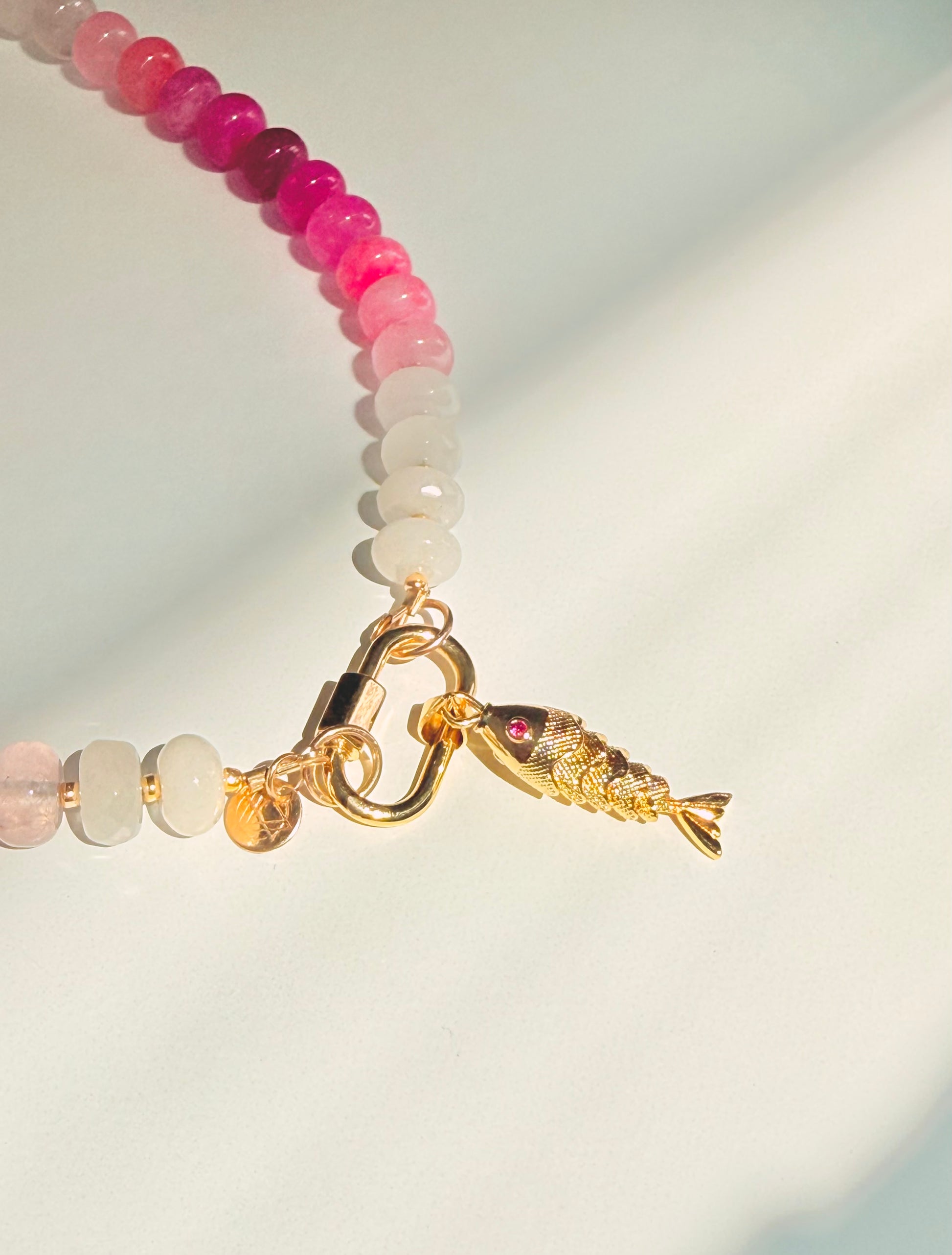 Pink & Green Stone Bead Fish Charm Necklace