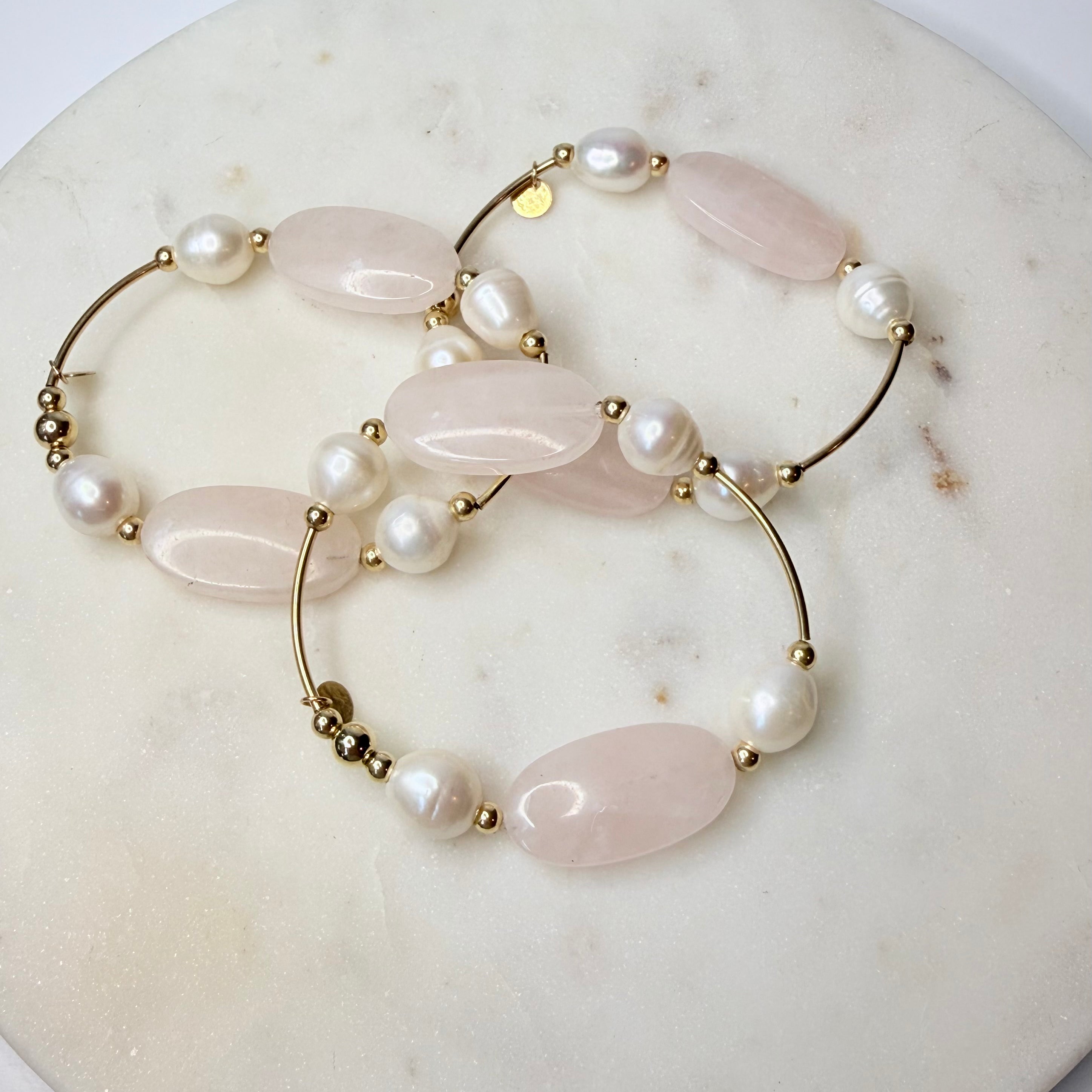Multiple Rose quartz and freshwater pearl 14k gold-filled roll-on bracelets