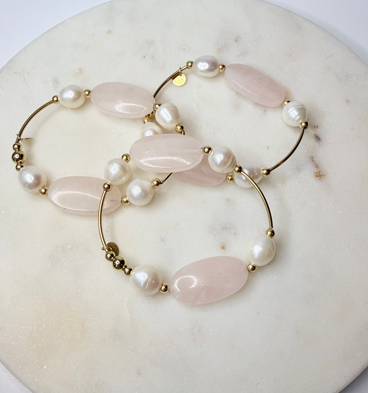 Multiple Rose quartz and freshwater pearl 14k gold-filled roll-on bracelets