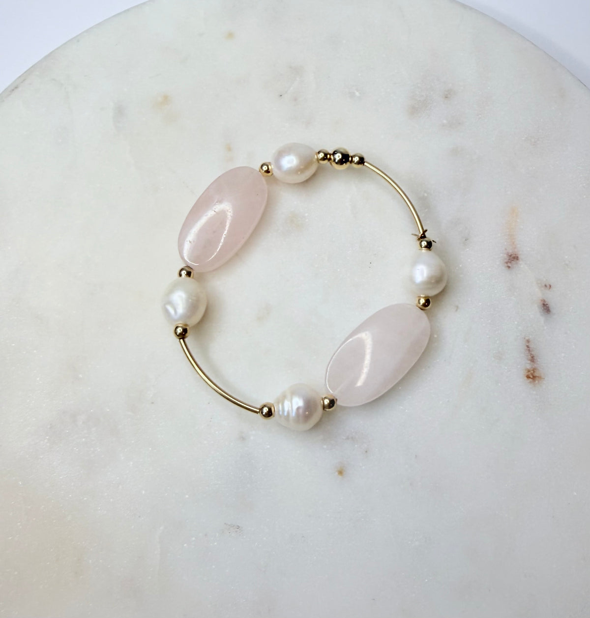 Rose quartz and freshwater pearl 14k gold-filled roll-on bracelet