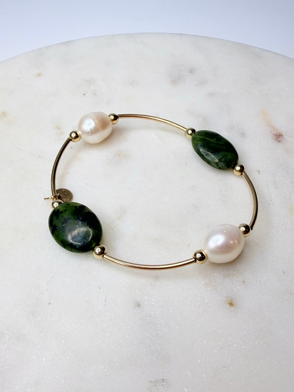 Olivine jade and freshwater pearl gold-filled bracelet by Gypsy & Gem